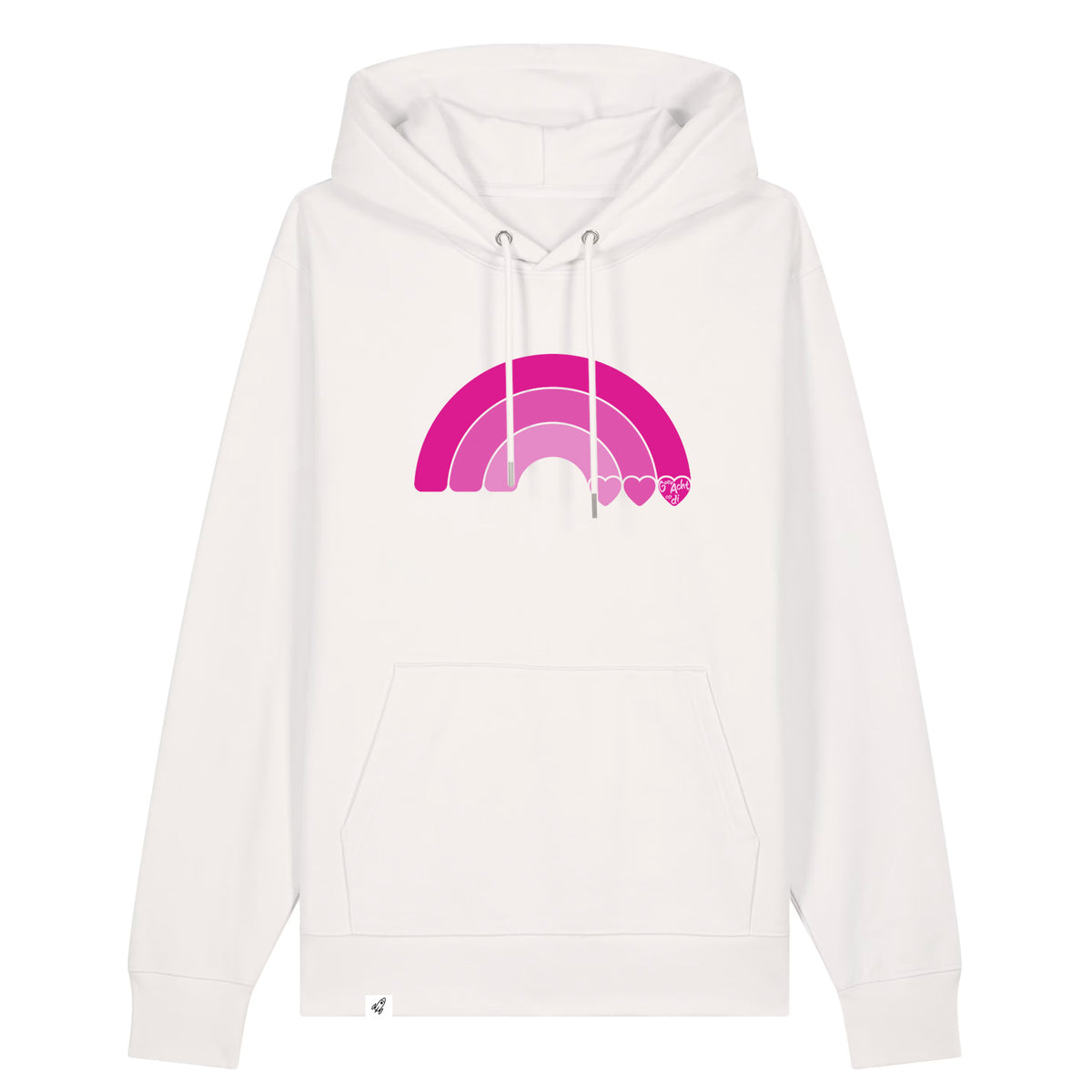 Altweißer Unisex Hoodie aus der Pinktober Kollektion mit Regenbogen Motiv.