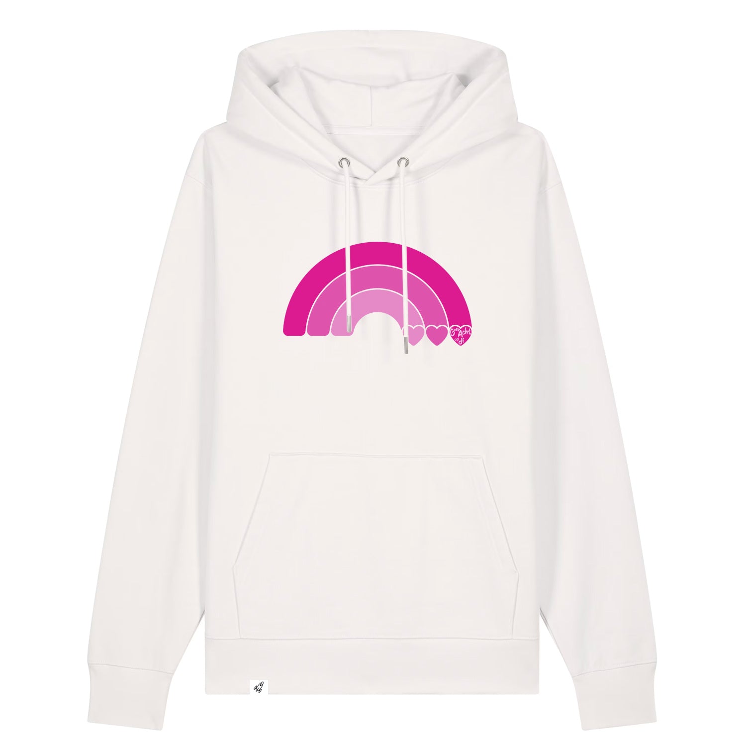 Altweißer Unisex Hoodie aus der Pinktober Kollektion mit Regenbogen Motiv.