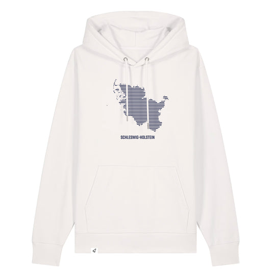 Weißer Unisex Hoodie mit Kordelzug und Kängurutasche. Auf der Brust ist in blauen Streifen der Umriss von Schleswig-Holstein. Darunter steht Schleswig-Holstein. Die Farbe vom Hoodie heißt Off White.