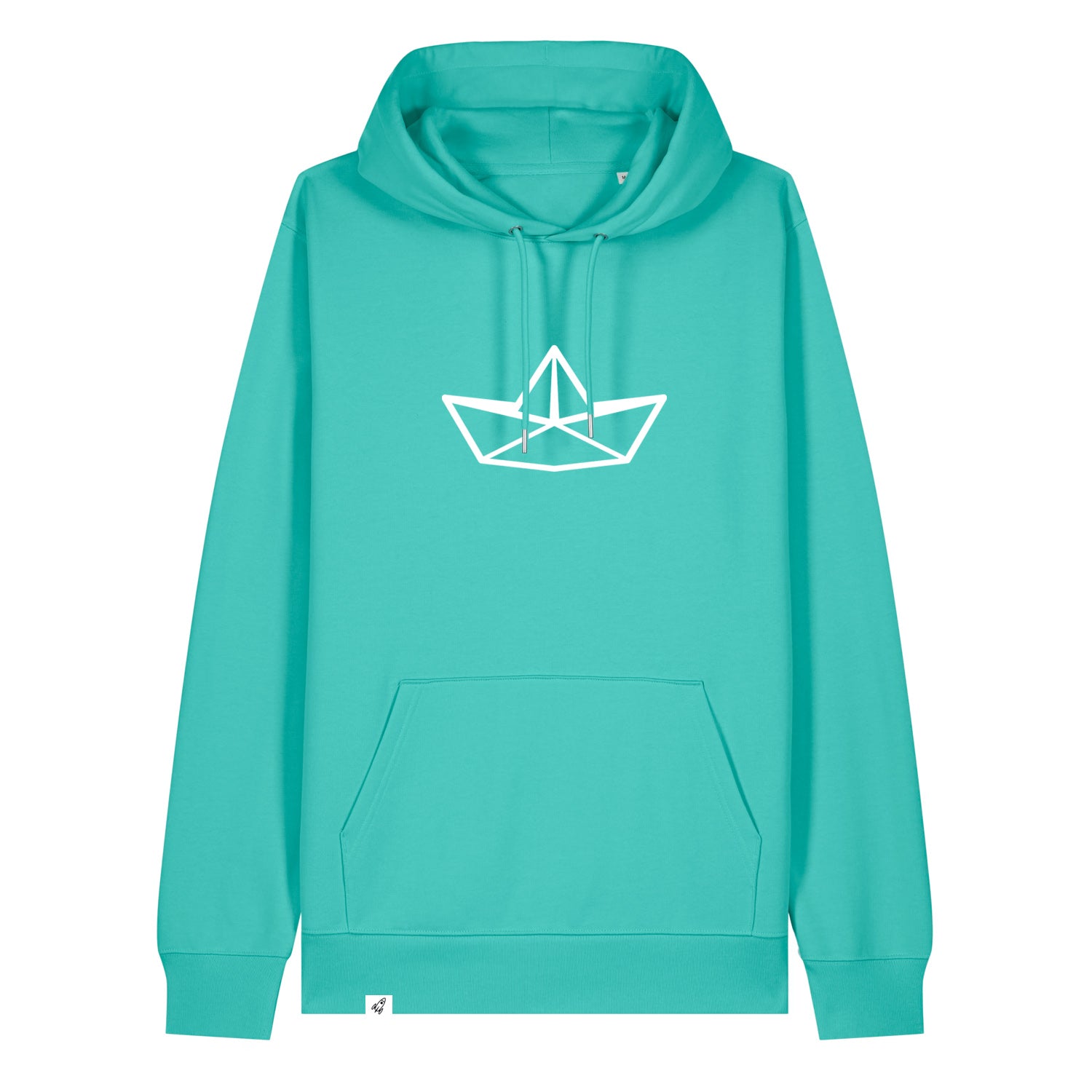 Hellblauer Unisex Hoodie mit Kordelzug und Kängerutasche. Auf der Brust ist in weiß die Grafik eines Faltbootes. Die Farbe vom Hoodie heißt Pool Blue.