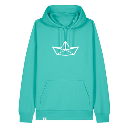 Hellblauer Unisex Hoodie mit Kordelzug und Kängerutasche. Auf der Brust ist in weiß die Grafik eines Faltbootes. Die Farbe vom Hoodie heißt Pool Blue.