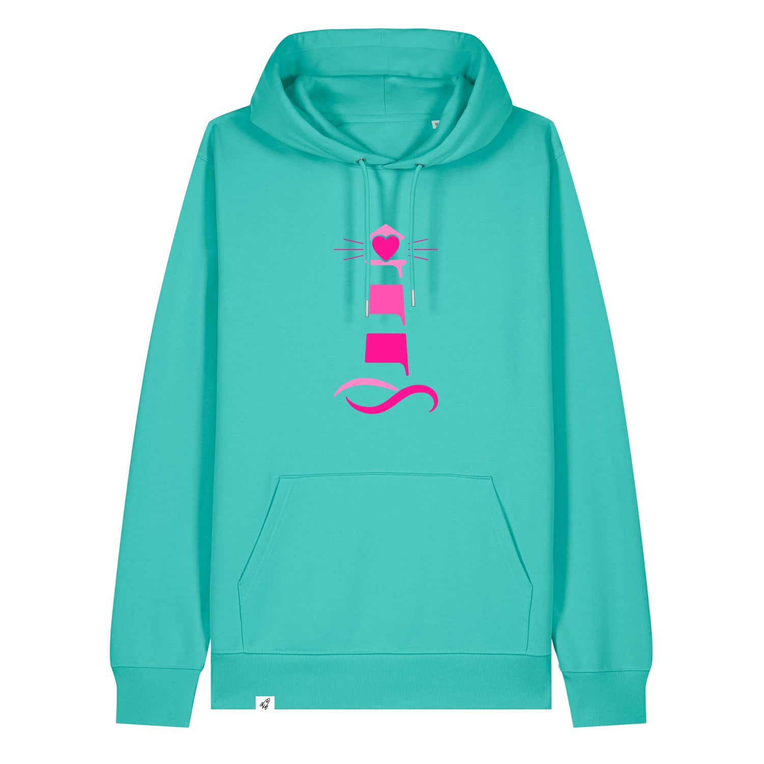 Hellblauer Unisex Hoodie aus der Pinktober Kollektion mit Leuchtturm Motiv.