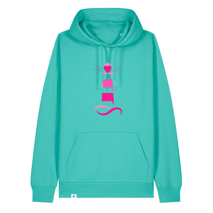 Hellblauer Unisex Hoodie aus der Pinktober Kollektion mit Leuchtturm Motiv.