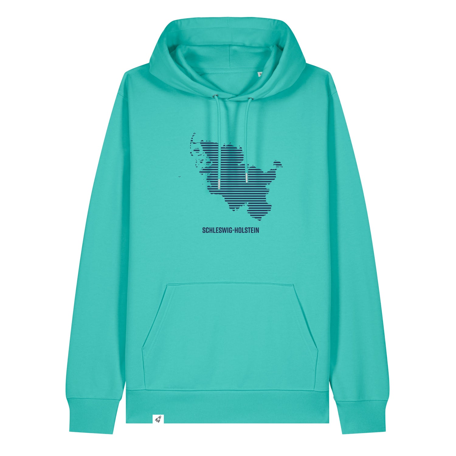 Blauer Unisex Hoodie mit Kordelzug und Kängurutasche. Auf der Brust ist in blauen Streifen der Umriss von Schleswig-Holstein. Darunter steht Schleswig-Holstein. Die Farbe vom Hoodie heißt Pool Blue.