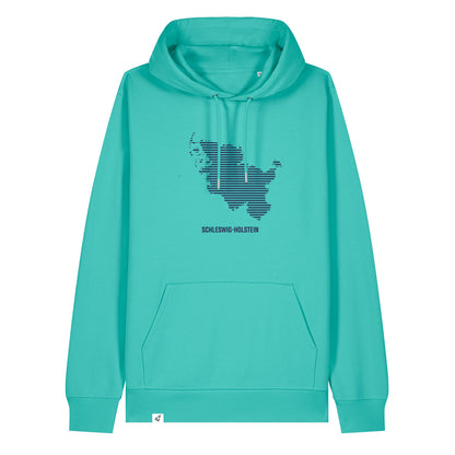 Blauer Unisex Hoodie mit Kordelzug und Kängurutasche. Auf der Brust ist in blauen Streifen der Umriss von Schleswig-Holstein. Darunter steht Schleswig-Holstein. Die Farbe vom Hoodie heißt Pool Blue.