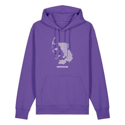 Lila Unisex Hoodie mit Kordelzug und Kängurutasche. Auf der Brust ist in weißen Streifen der Umriss von Nordfriesland.