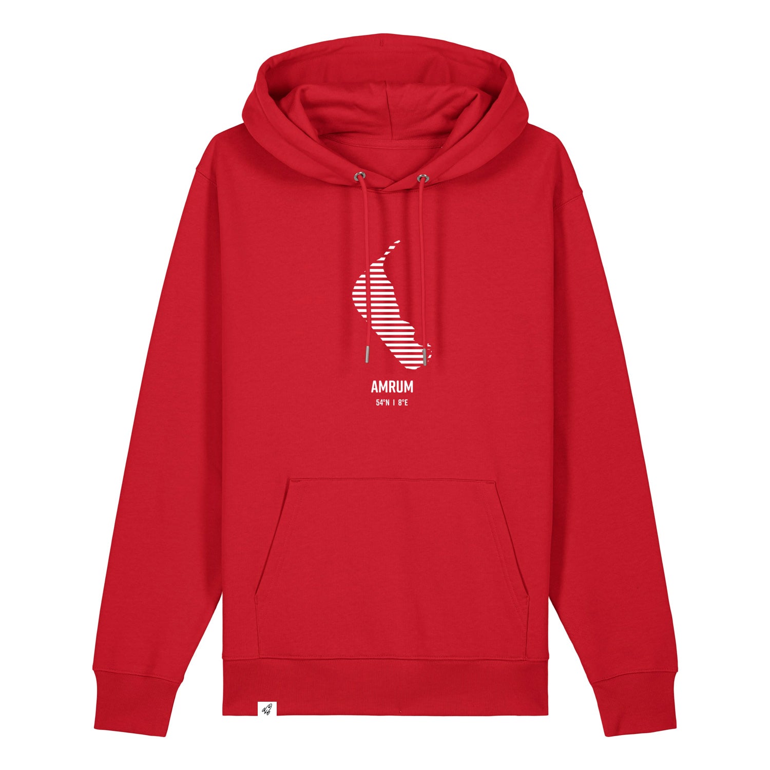 Roter Unisex Hoodie mit Kordelzug und Kängurutasche. Auf der Brust ist in weißen Streifen der Umriss von Amrum. Darunter steht Amrum. Die Farbe vom Hoodie heißt Red.