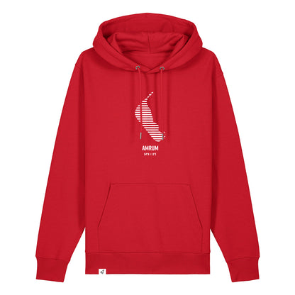 Roter Unisex Hoodie mit Kordelzug und Kängurutasche. Auf der Brust ist in weißen Streifen der Umriss von Amrum. Darunter steht Amrum. Die Farbe vom Hoodie heißt Red.