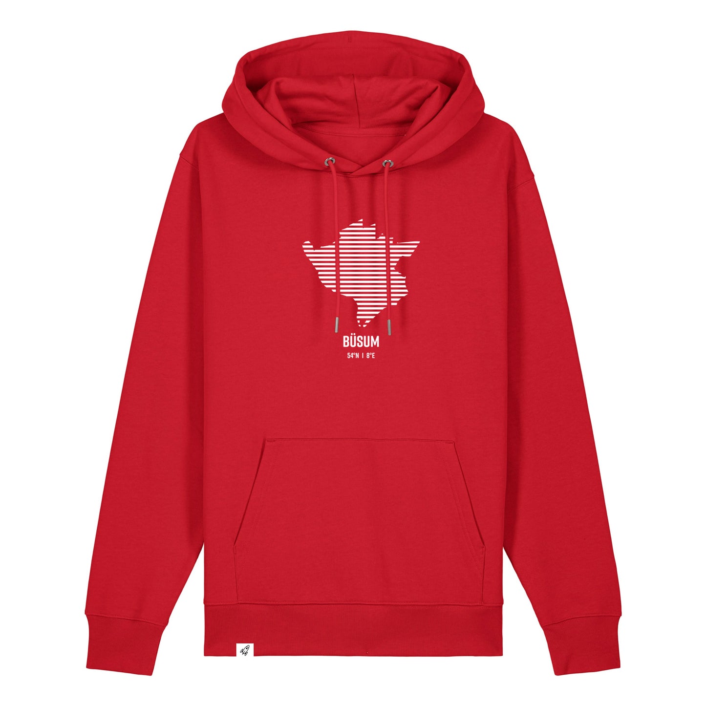 Roter Unisex Hoodie mit Kordelzug und Kängurutasche. Auf der Brust ist in weißen Streifen der Umriss von Büsum. Darunter steht Büsum. Die Farbe vom Hoodie heißt Red.