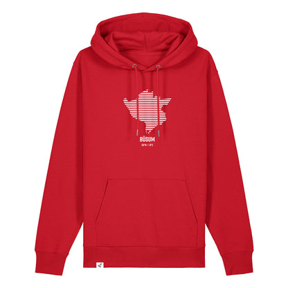Roter Unisex Hoodie mit Kordelzug und Kängurutasche. Auf der Brust ist in weißen Streifen der Umriss von Büsum. Darunter steht Büsum. Die Farbe vom Hoodie heißt Red.