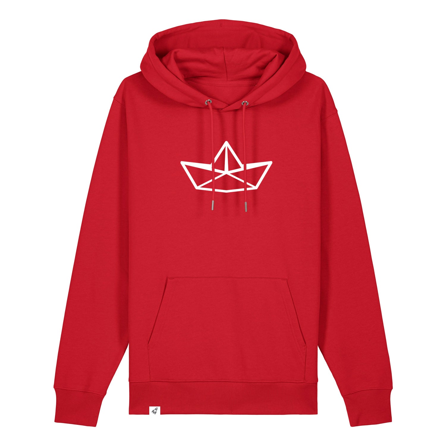 Roter Unisex Hoodie mit Kordelzug und Kängerutasche. Auf der Brust ist in weiß die Grafik eines Faltbootes. Die Farbe vom Hoodie heißt Red.