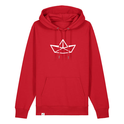 Roter Unisex Hoodie mit Kordelzug und Kängerutasche. Auf der Brust ist in weiß die Grafik eines Faltbootes. Die Farbe vom Hoodie heißt Red.