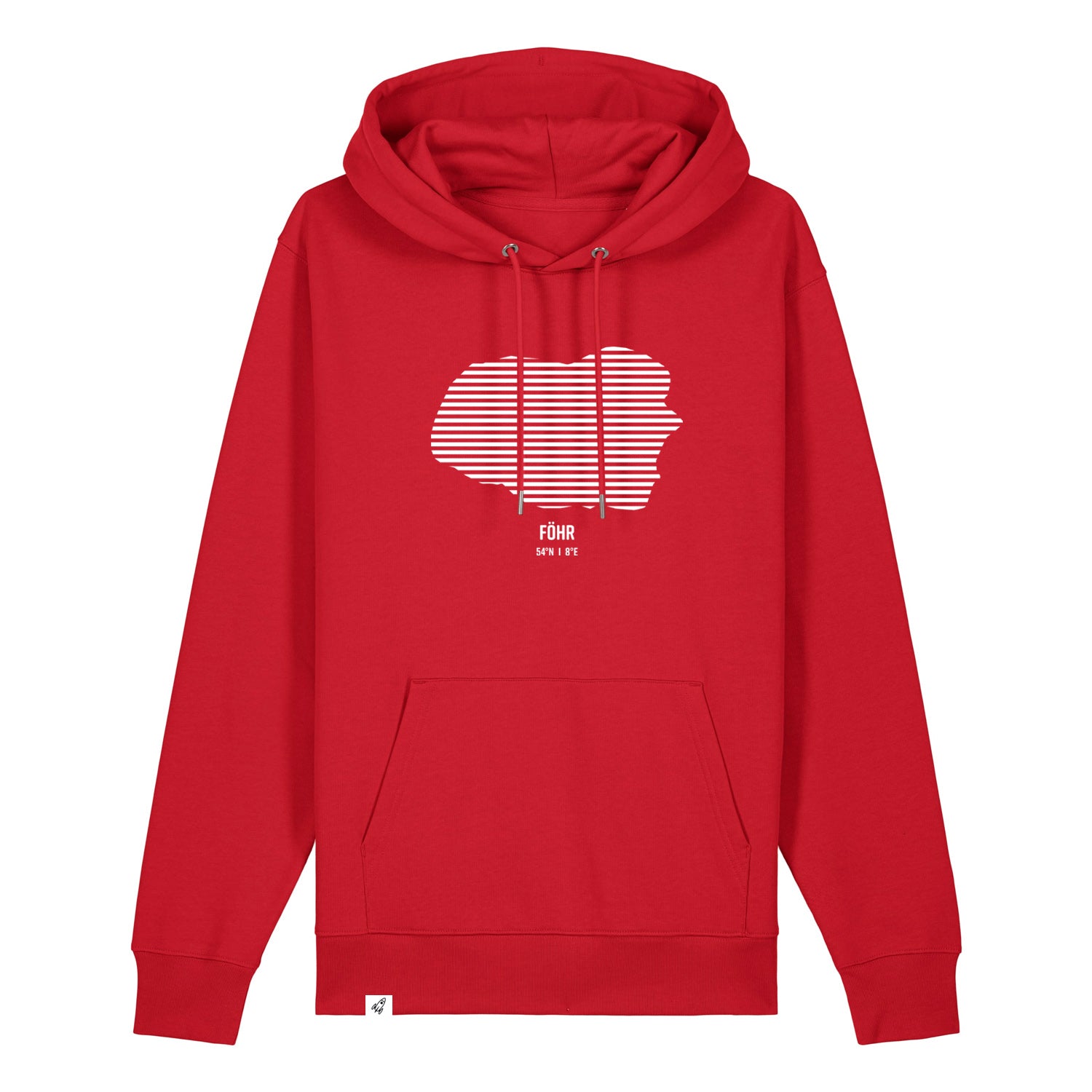 Roter Unisex Hoodie mit Kordelzug und Kängurutasche. Auf der Brust ist in weißen Streifen der Umriss von Föhr. Darunter steht Föhr. Die Farbe vom Hoodie heißt Red.