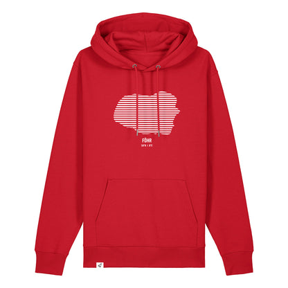 Roter Unisex Hoodie mit Kordelzug und Kängurutasche. Auf der Brust ist in weißen Streifen der Umriss von Föhr. Darunter steht Föhr. Die Farbe vom Hoodie heißt Red.