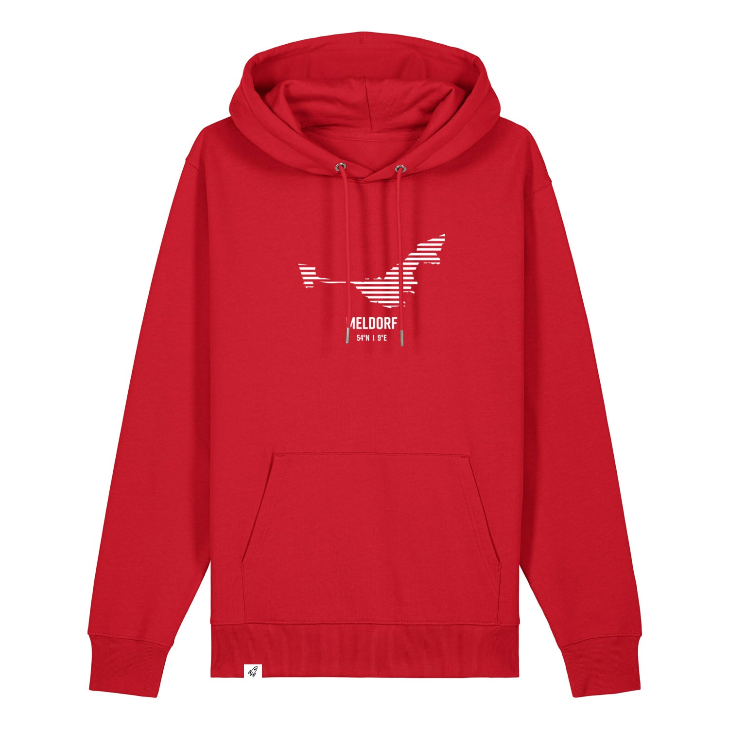Roter Unisex Hoodie mit Kordelzug und Kängurutasche. Auf der Brust ist in weißen Streifen der Umriss von Meldorf. Darunter steht Meldorf. Die Farbe vom Hoodie heißt Red.