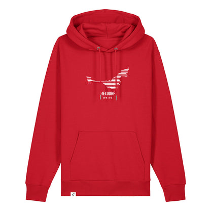 Roter Unisex Hoodie mit Kordelzug und Kängurutasche. Auf der Brust ist in weißen Streifen der Umriss von Meldorf. Darunter steht Meldorf. Die Farbe vom Hoodie heißt Red.