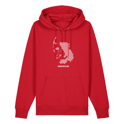 Roter Unisex Hoodie mit Kordelzug und Kängurutasche. Auf der Brust ist in weißen Streifen der Umriss von Nordfriesland.