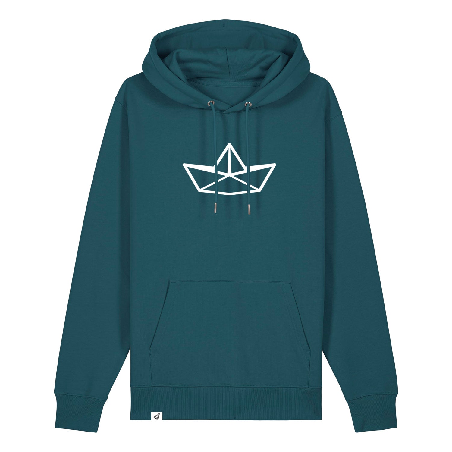 Petrolfarbiger Unisex Hoodie mit Kordelzug und Kängerutasche. Auf der Brust ist in weiß die Grafik eines Faltbootes. Die Farbe vom Hoodie heißt Stargazer.