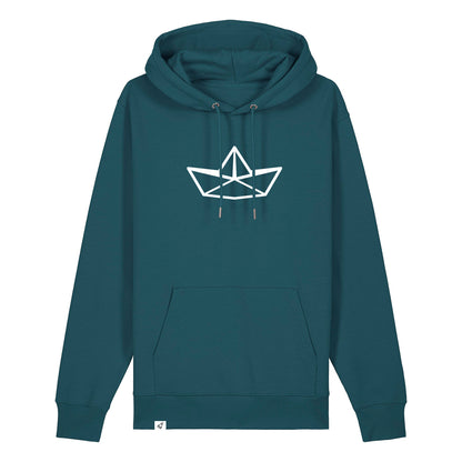 Petrolfarbiger Unisex Hoodie mit Kordelzug und Kängerutasche. Auf der Brust ist in weiß die Grafik eines Faltbootes. Die Farbe vom Hoodie heißt Stargazer.
