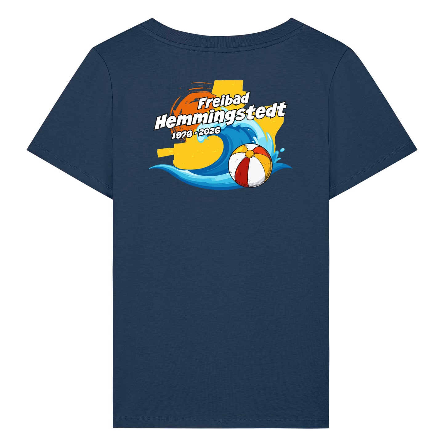 Dunkelblaues Damen T-Shirt mit Rundhalsausschnitt. Auf dem Rücken ist das Jubiläums-Motiv vom Freibad Hemmingstedt zu sehen. 