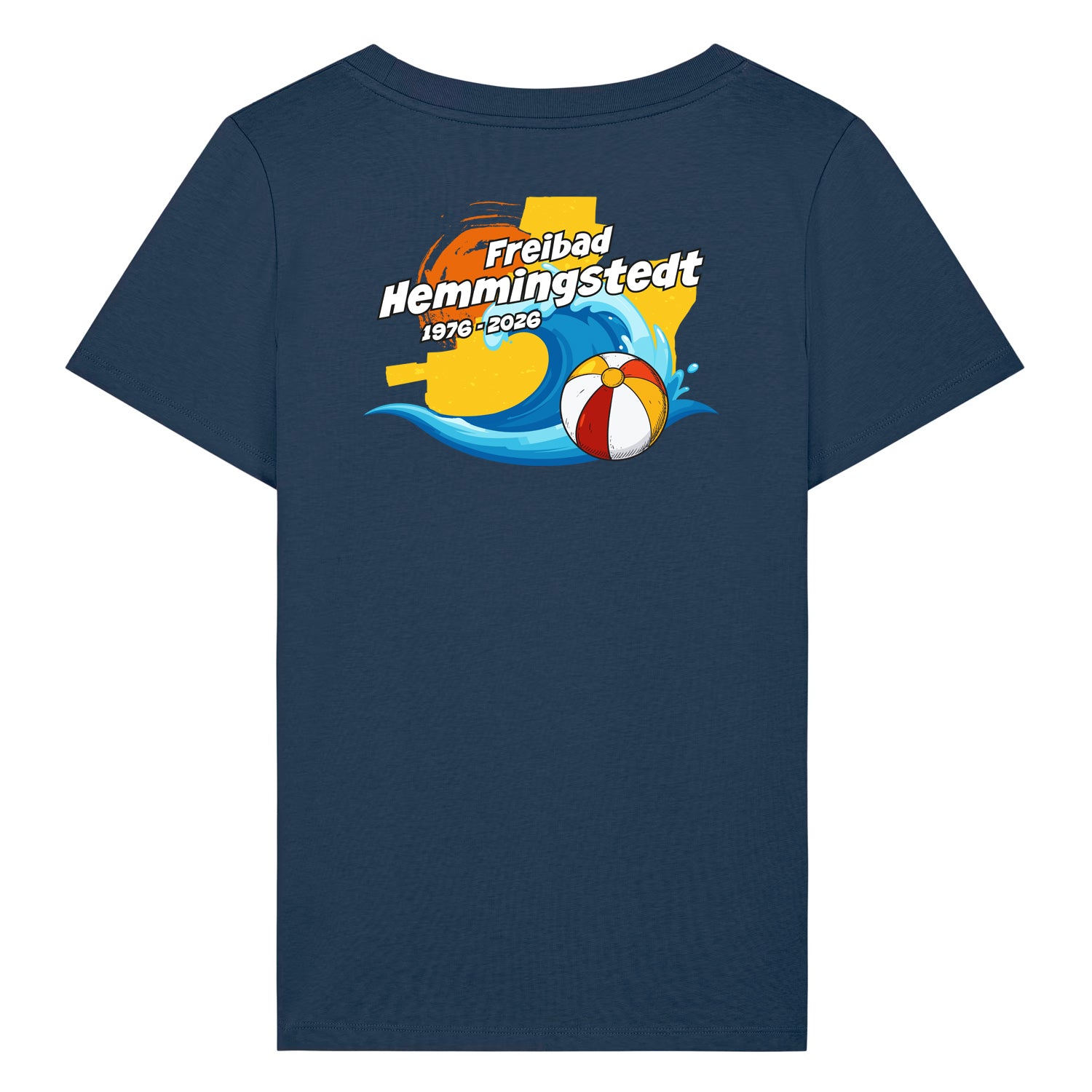 Dunkelblaues Damen T-Shirt mit Rundhalsausschnitt. Auf dem Rücken ist das Jubiläums-Motiv vom Freibad Hemmingstedt zu sehen. 