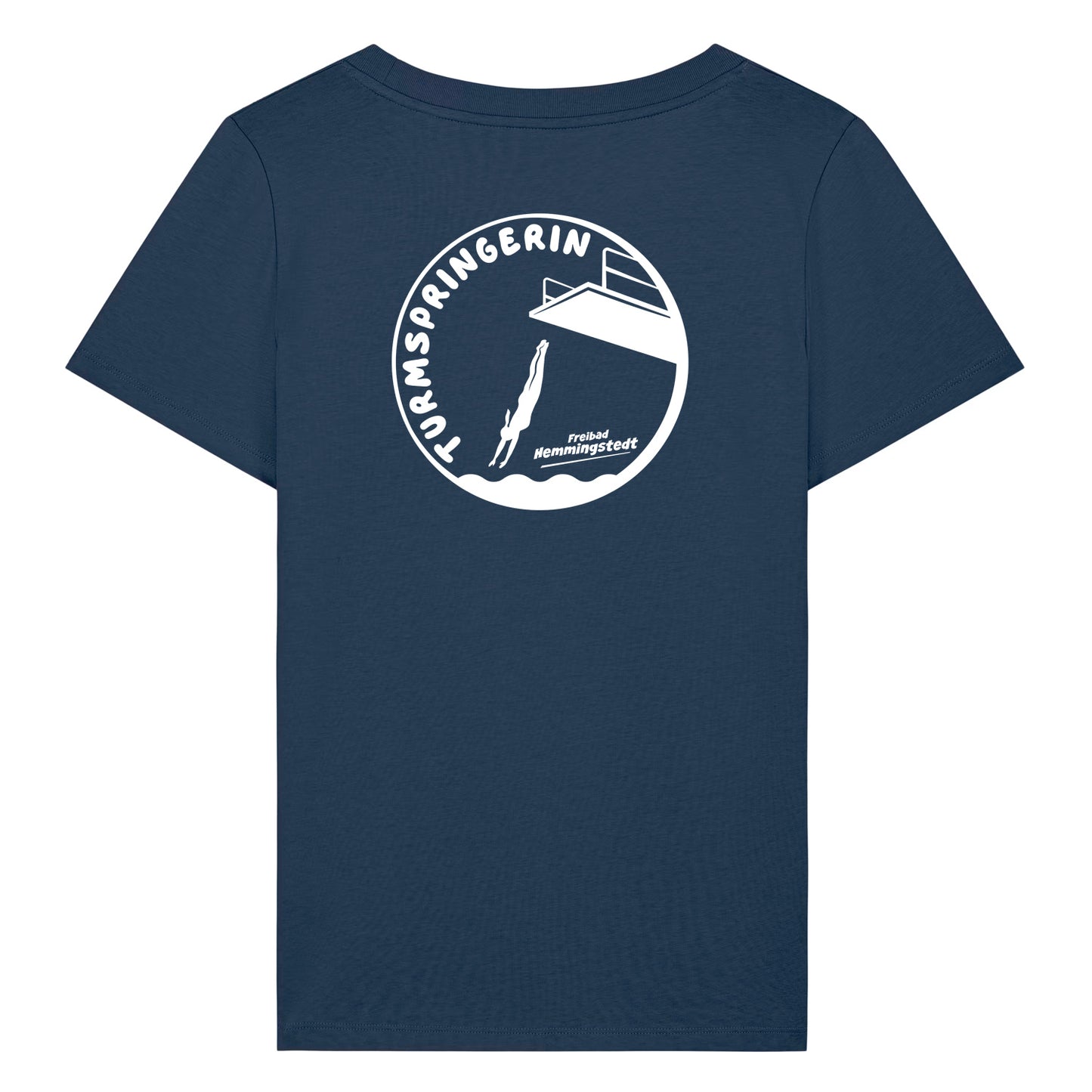 Dunkelblaues Damen T-Shirt mit Rundhalsausschnitt. Auf dem Rücken ist das Motiv Turmspringerin vom Freibad Hemmingstedt zu sehen. 
