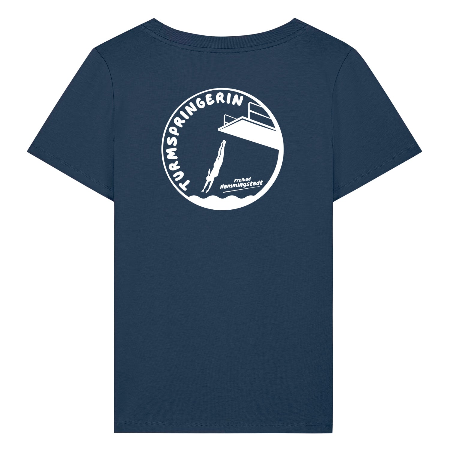 Dunkelblaues Damen T-Shirt mit Rundhalsausschnitt. Auf dem Rücken ist das Motiv Turmspringerin vom Freibad Hemmingstedt zu sehen. 