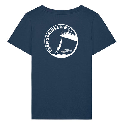 Dunkelblaues Damen T-Shirt mit Rundhalsausschnitt. Auf dem Rücken ist das Motiv Turmspringerin vom Freibad Hemmingstedt zu sehen. 