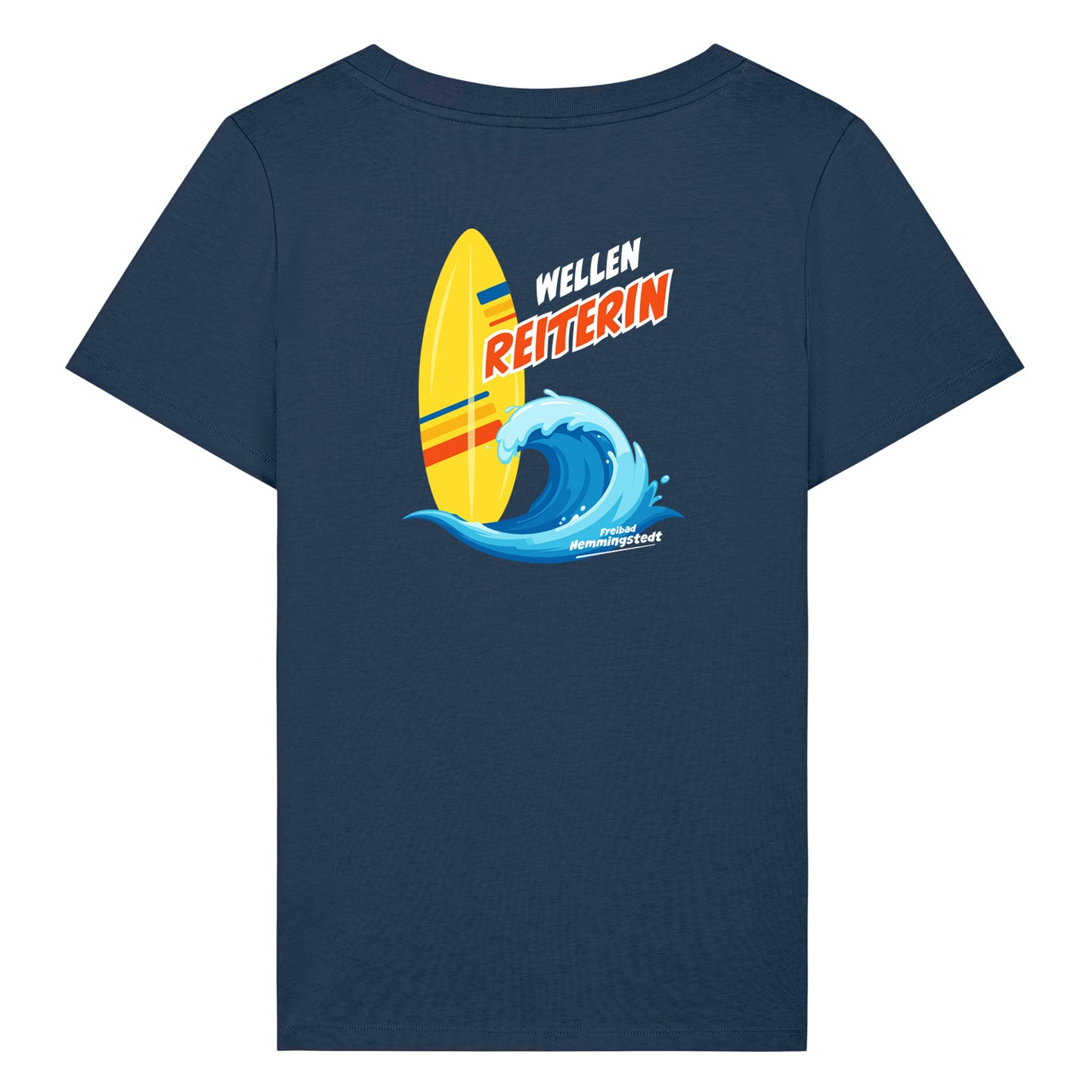 Dunkelblaues Damen T-Shirt mit Rundhalsausschnitt. Auf dem Rücken ist das Motiv Wellenreiterin vom Freibad Hemmingstedt zu sehen. 
