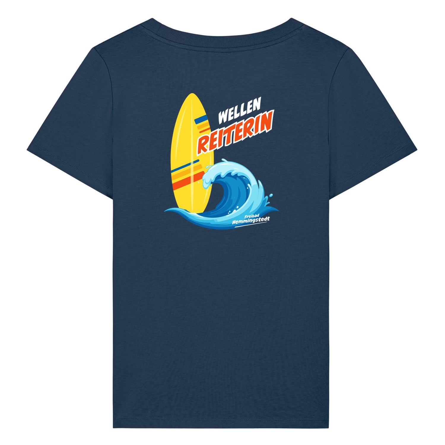 Dunkelblaues Damen T-Shirt mit Rundhalsausschnitt. Auf dem Rücken ist das Motiv Wellenreiterin vom Freibad Hemmingstedt zu sehen. 