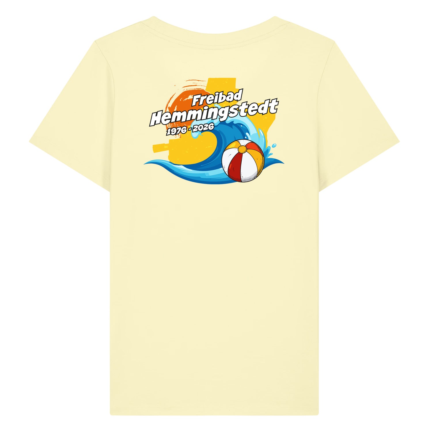 Gelbes Damen T-Shirt mit Rundhalsausschnitt. Auf dem Rücken ist das Jubiläums-Motiv vom Freibad Hemmingstedt zu sehen. 