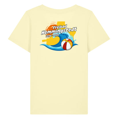 Gelbes Damen T-Shirt mit Rundhalsausschnitt. Auf dem Rücken ist das Jubiläums-Motiv vom Freibad Hemmingstedt zu sehen. 