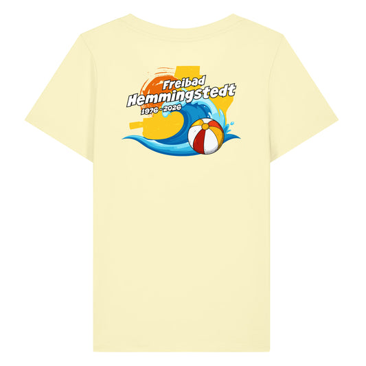 Gelbes Damen T-Shirt mit Rundhalsausschnitt. Auf dem Rücken ist das Jubiläums-Motiv vom Freibad Hemmingstedt zu sehen. 