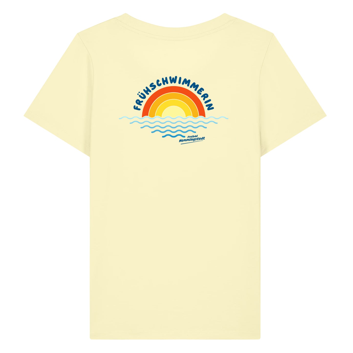 Gelbes Damen T-Shirt mit Rundhalsausschnitt. Auf dem Rücken ist das Motiv Frühschwimmerin vom Freibad Hemmingstedt zu sehen. 