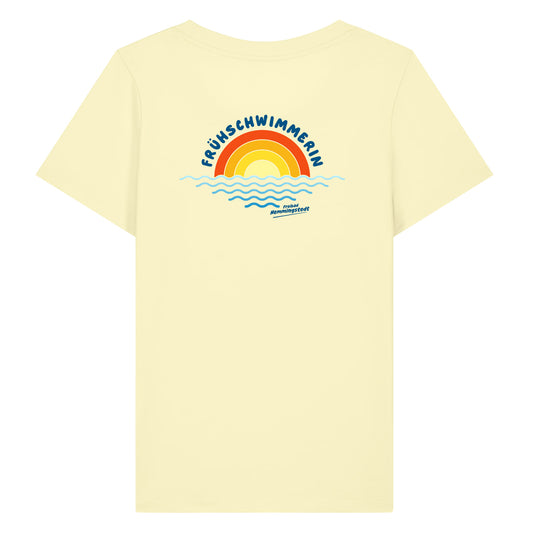 Gelbes Damen T-Shirt mit Rundhalsausschnitt. Auf dem Rücken ist das Motiv Frühschwimmerin vom Freibad Hemmingstedt zu sehen. 