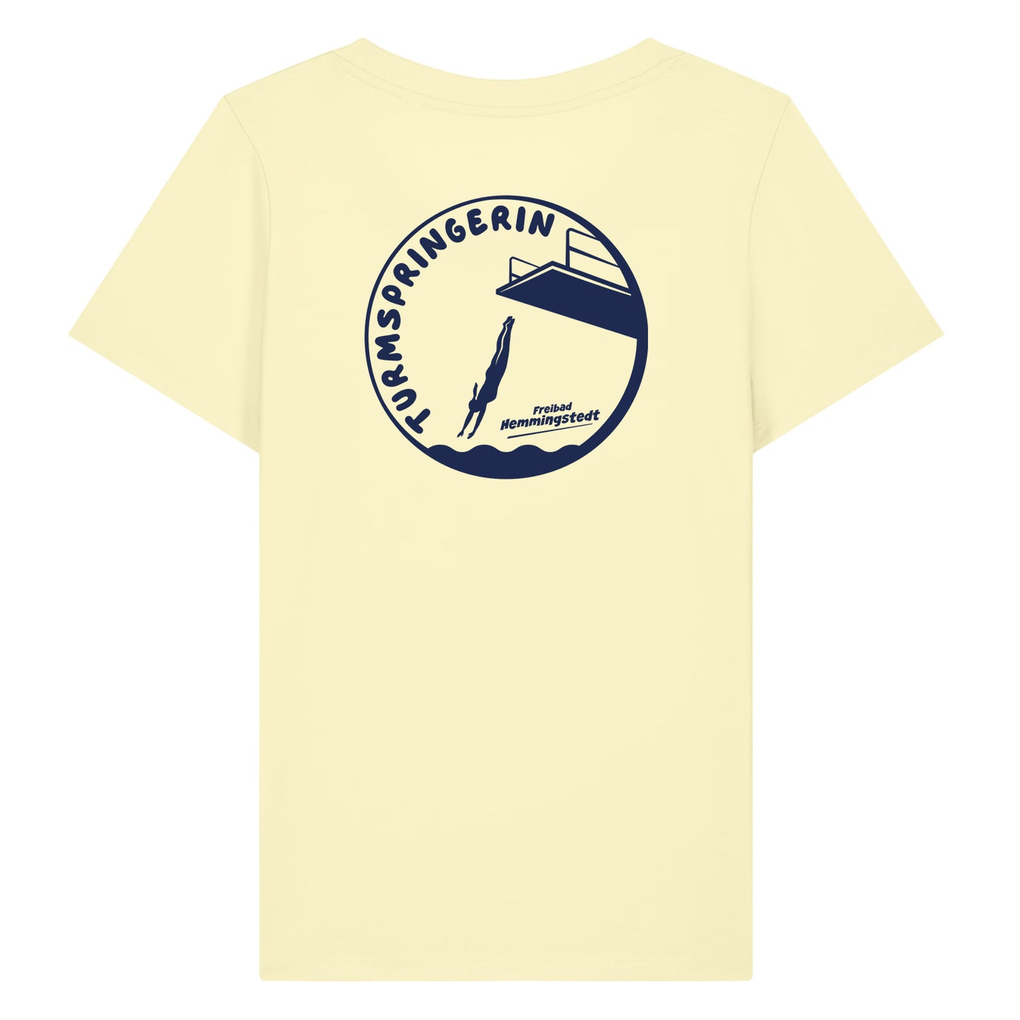 Gelbes Damen T-Shirt mit Rundhalsausschnitt. Auf dem Rücken ist das Motiv Turmspringerin vom Freibad Hemmingstedt zu sehen. 