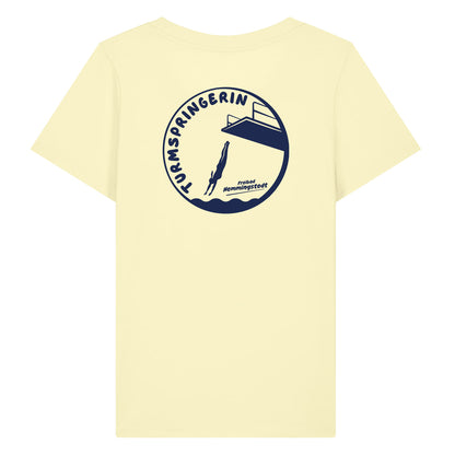 Gelbes Damen T-Shirt mit Rundhalsausschnitt. Auf dem Rücken ist das Motiv Turmspringerin vom Freibad Hemmingstedt zu sehen. 