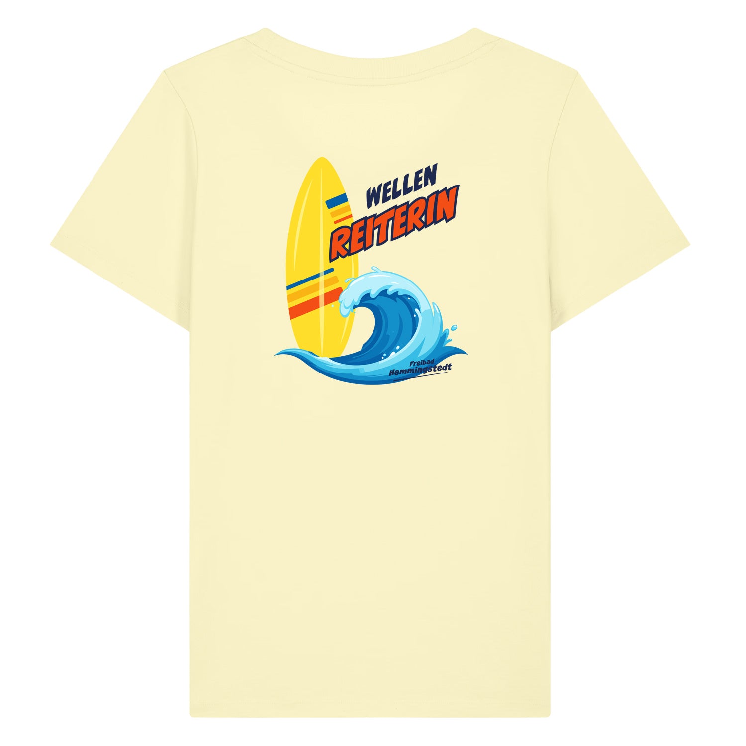 Gelbes Damen T-Shirt mit Rundhalsausschnitt. Auf dem Rücken ist das Motiv Wellenreiterin vom Freibad Hemmingstedt zu sehen. 