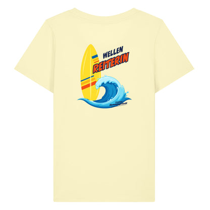 Gelbes Damen T-Shirt mit Rundhalsausschnitt. Auf dem Rücken ist das Motiv Wellenreiterin vom Freibad Hemmingstedt zu sehen. 