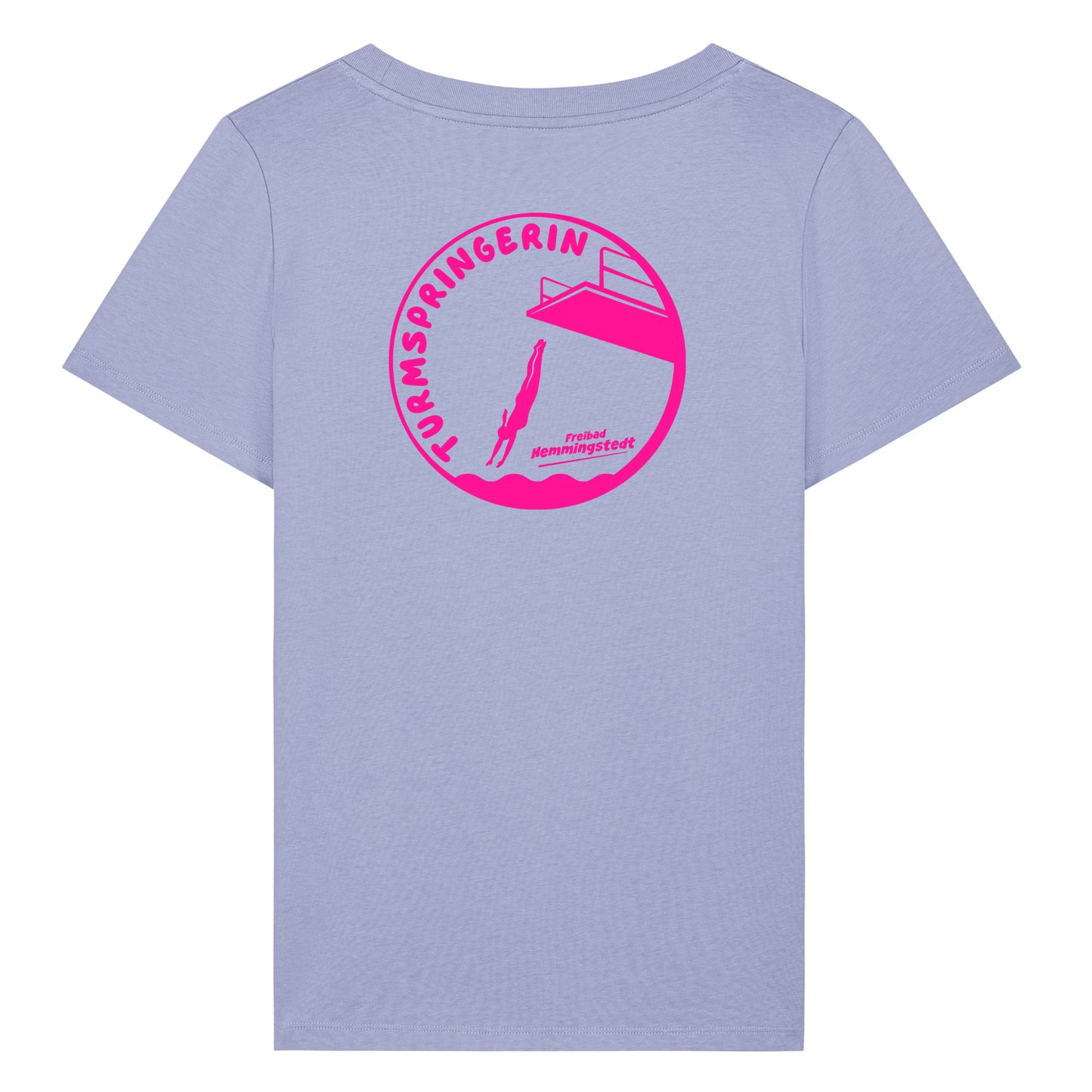 Violettes Damen T-Shirt mit Rundhalsausschnitt. Auf dem Rücken ist das pinke Motiv Turmspringerin vom Freibad Hemmingstedt zu sehen. 