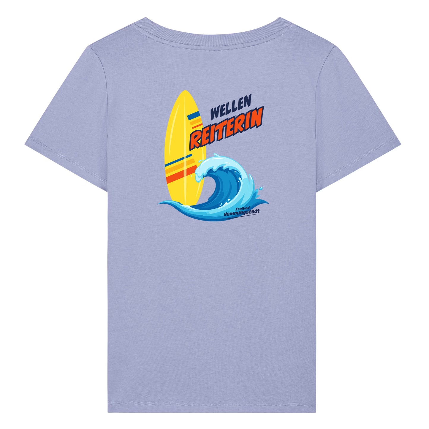 Violettes Damen T-Shirt mit Rundhalsausschnitt. Auf dem Rücken ist das Motiv Wellenreiterin vom Freibad Hemmingstedt zu sehen. 