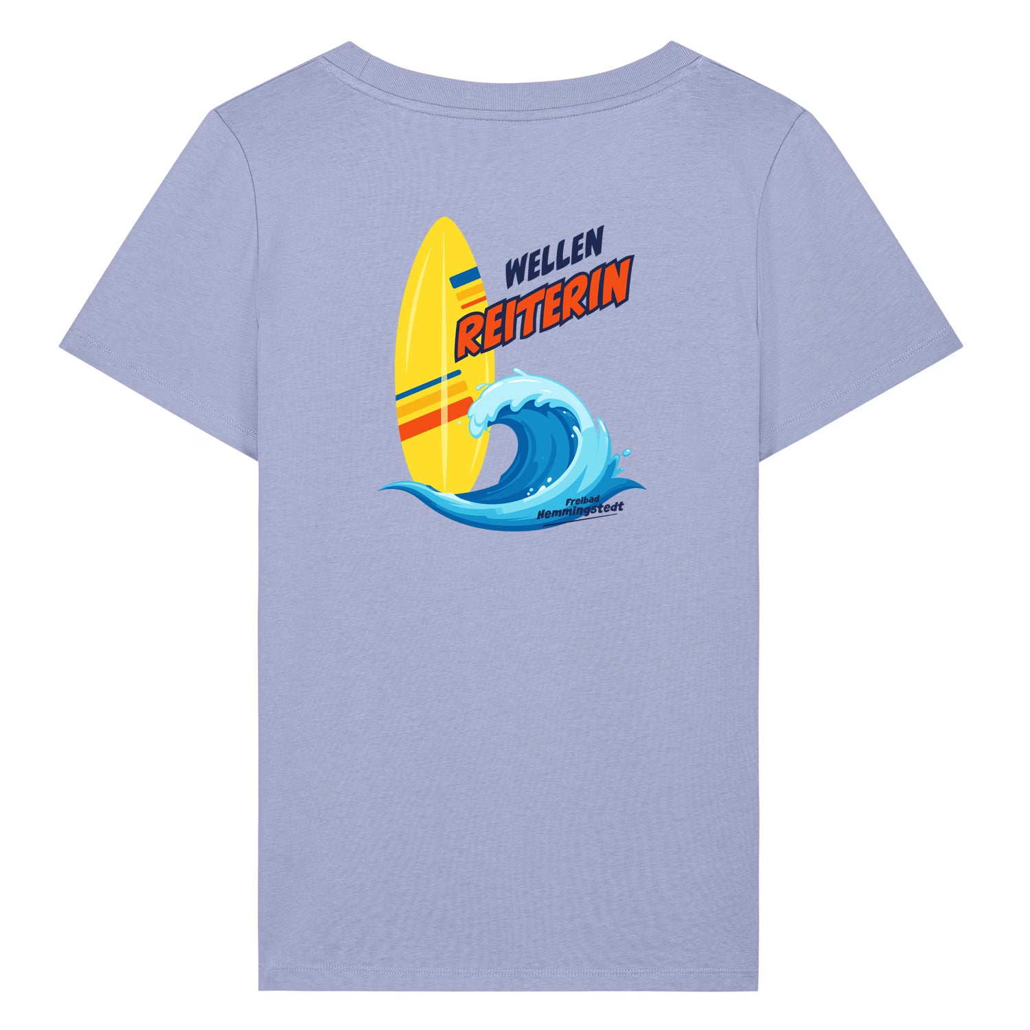 Violettes Damen T-Shirt mit Rundhalsausschnitt. Auf dem Rücken ist das Motiv Wellenreiterin vom Freibad Hemmingstedt zu sehen. 