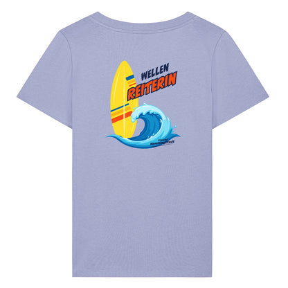 Violettes Damen T-Shirt mit Rundhalsausschnitt. Auf dem Rücken ist das Motiv Wellenreiterin vom Freibad Hemmingstedt zu sehen. 