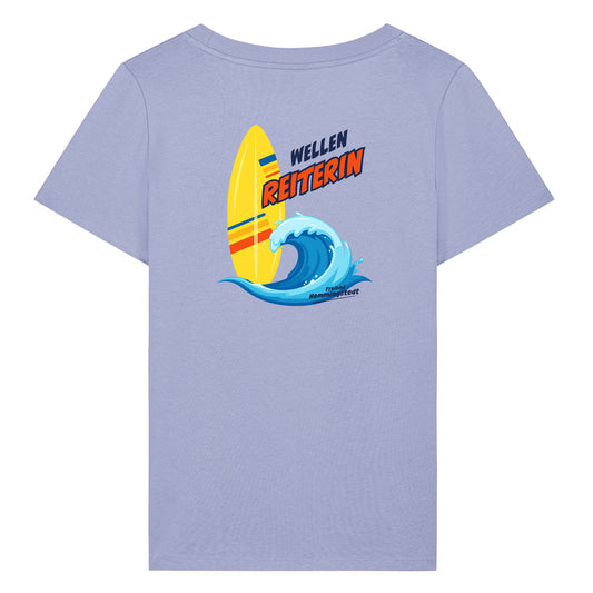 Violettes Damen T-Shirt mit Rundhalsausschnitt. Auf dem Rücken ist das Motiv Wellenreiterin vom Freibad Hemmingstedt zu sehen. 