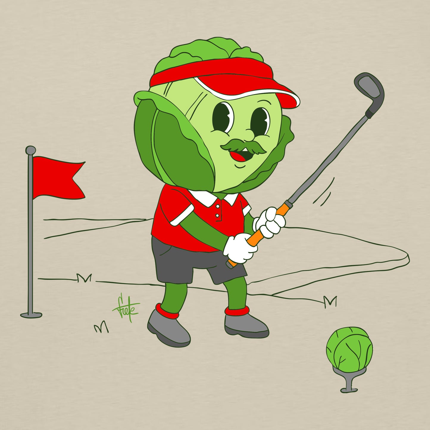 Detailansicht von einem golfspielendem Kohlkopf.