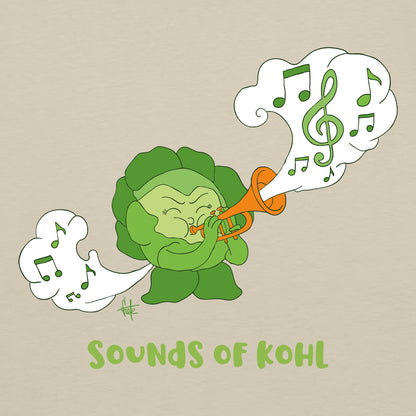 Detailansicht von einem Kohl der Musik auf einer Trompete spielt. Darunter steht der Spruch Sounds of Kohl.