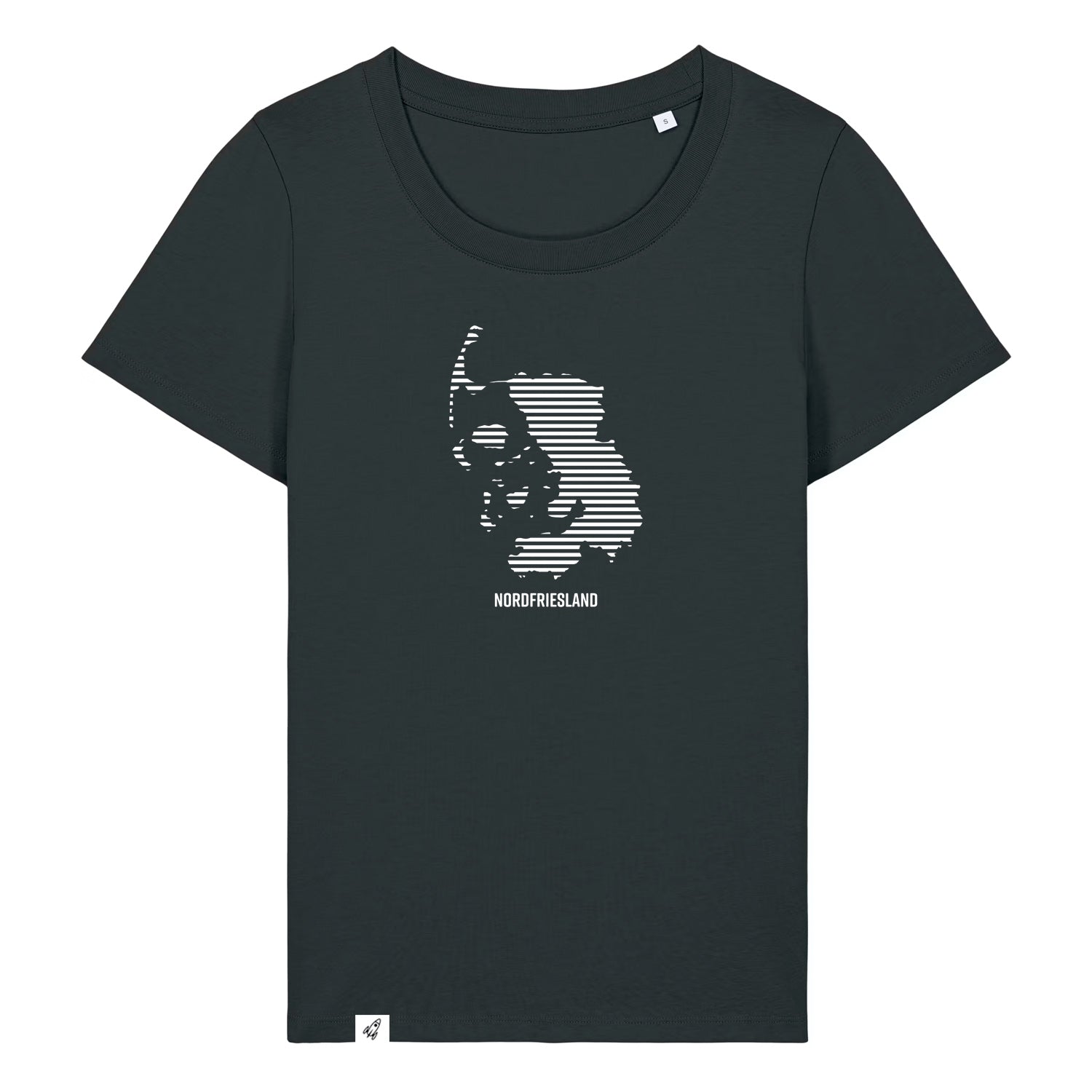Schwarzes Damen T-Shirt mit dem Nordfriesland Umriss in weißen Streifen.