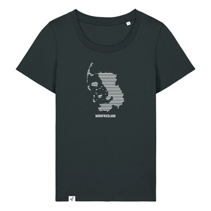 Schwarzes Damen T-Shirt mit dem Nordfriesland Umriss in weißen Streifen.