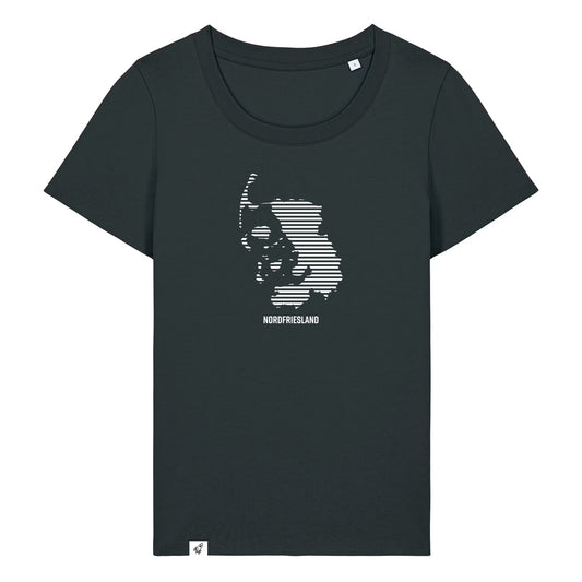 Schwarzes Damen T-Shirt mit dem Nordfriesland Umriss in weißen Streifen.