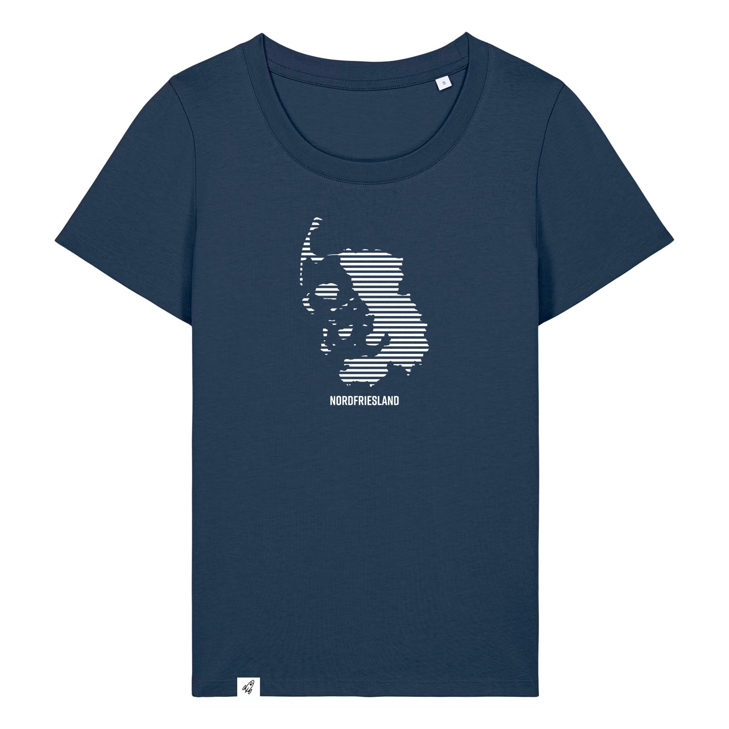 Dunkelblaues Damen T-Shirt mit dem Nordfriesland Umriss in weißen Streifen.